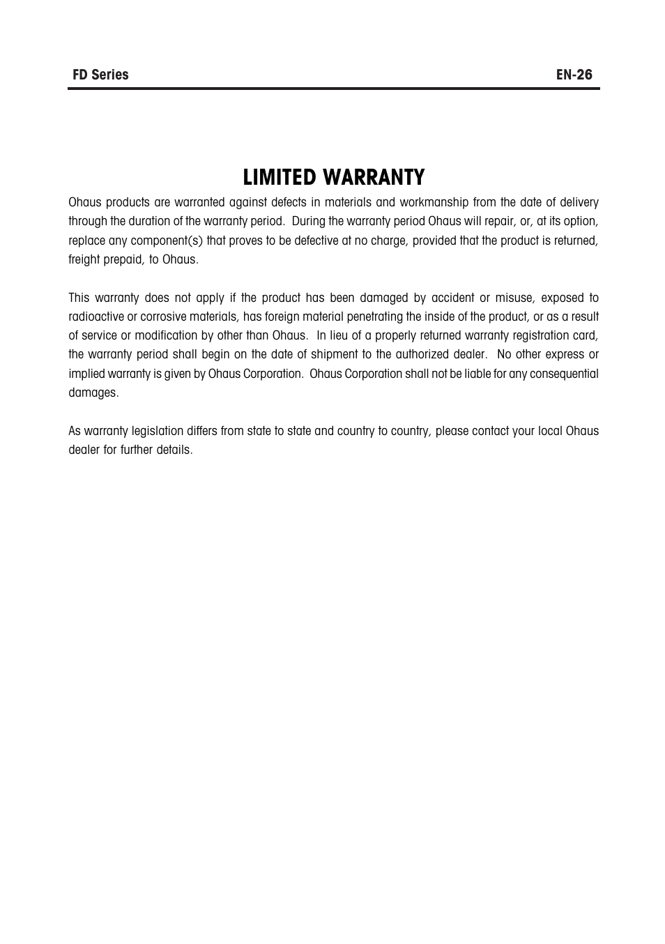 Limited warranty | Ohaus FD Series STAINLESS STEEL COMPACT SCALES Manual multi User Manual | Page 32 / 88