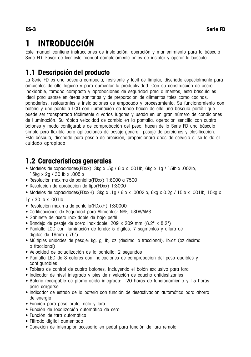 1 introducción, 1 descripción del producto, 2 características generales | Ohaus FD Series STAINLESS STEEL COMPACT SCALES Manual multi User Manual | Page 35 / 88