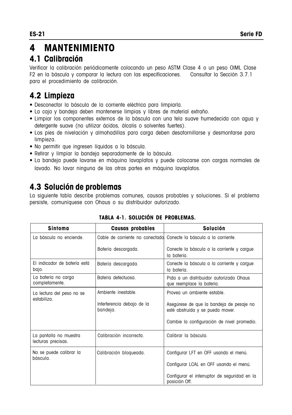 4 mantenimiento, 1 calibración, 2 limpieza | 3 solución de problemas | Ohaus FD Series STAINLESS STEEL COMPACT SCALES Manual multi User Manual | Page 53 / 88