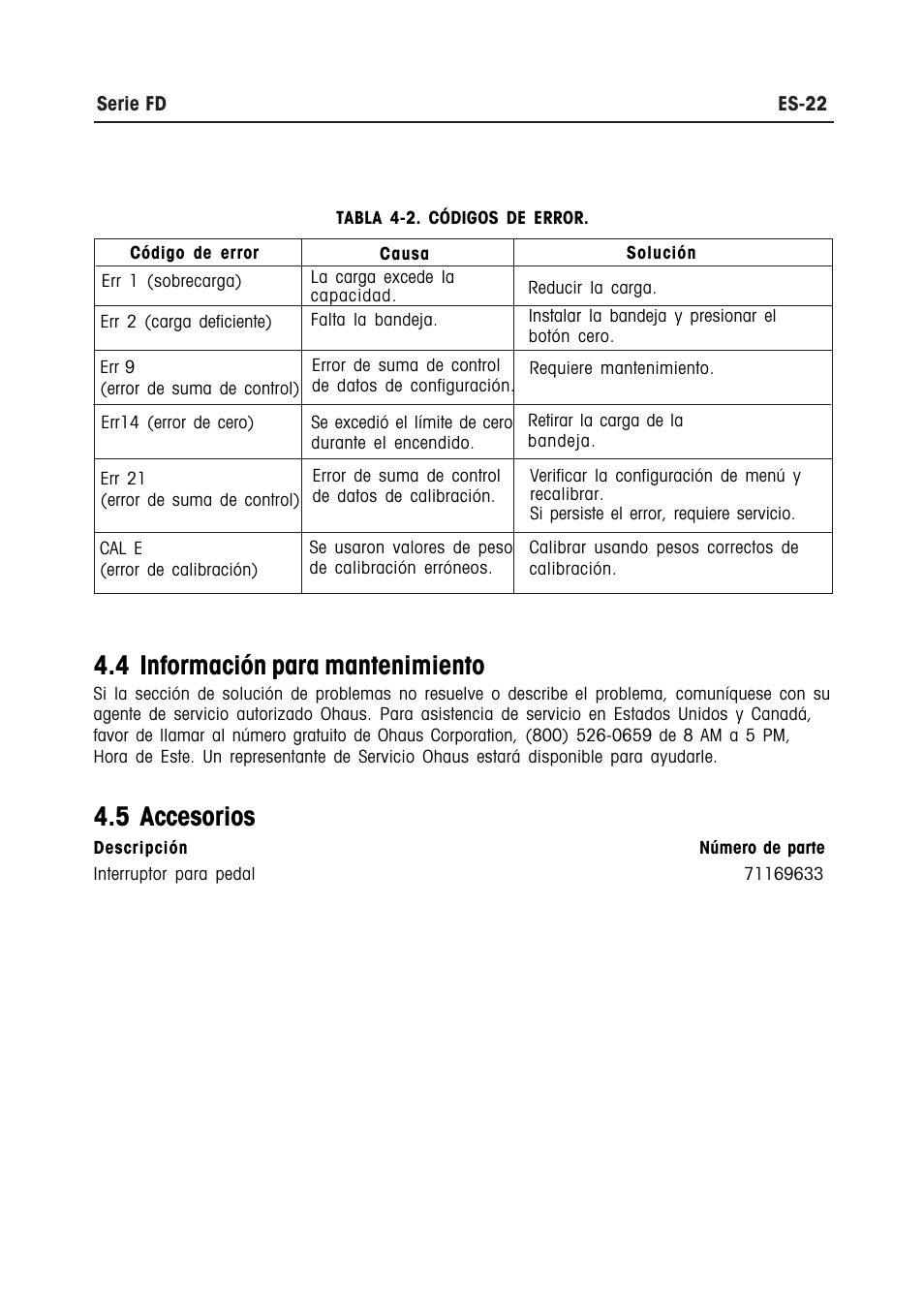 4 información para mantenimiento, 5 accesorios | Ohaus FD Series STAINLESS STEEL COMPACT SCALES Manual multi User Manual | Page 54 / 88