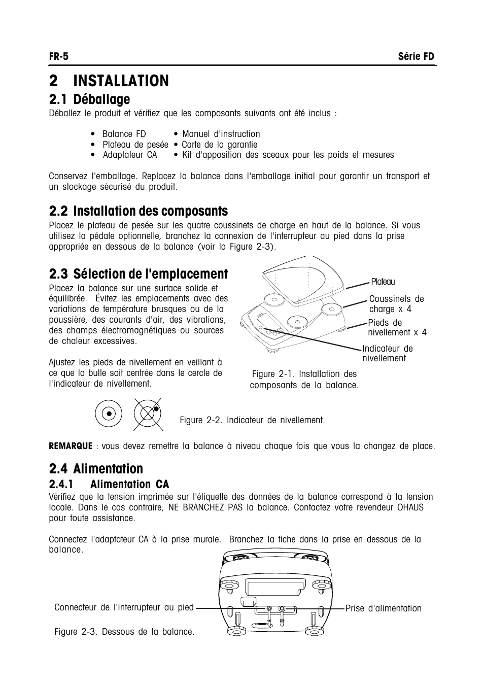 2 installation, 1 déballage, 2 installation des composants | 3 sélection de l'emplacement, 4 alimentation | Ohaus FD Series STAINLESS STEEL COMPACT SCALES Manual multi User Manual | Page 63 / 88
