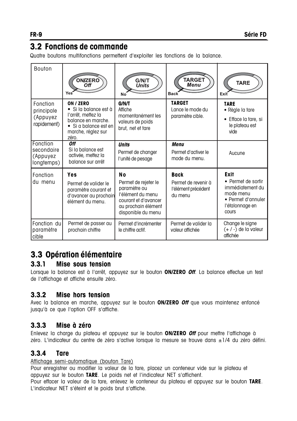 2 fonctions de commande, 3 opération élémentaire, 1 mise sous tension | 2 mise hors tension, 3 mise à zéro, 4 tare | Ohaus FD Series STAINLESS STEEL COMPACT SCALES Manual multi User Manual | Page 67 / 88