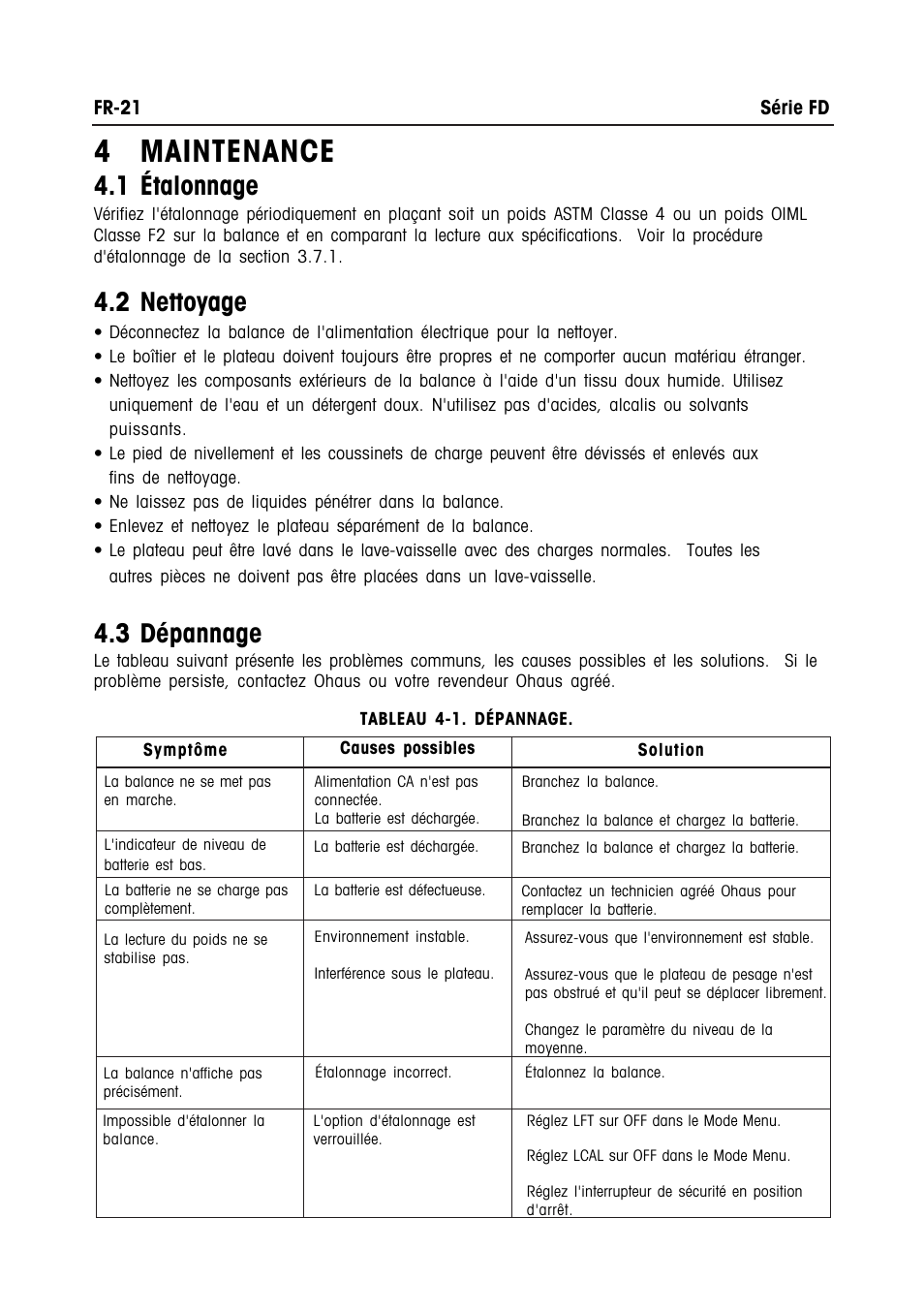 4 maintenance, 1 étalonnage, 2 nettoyage | 3 dépannage | Ohaus FD Series STAINLESS STEEL COMPACT SCALES Manual multi User Manual | Page 79 / 88