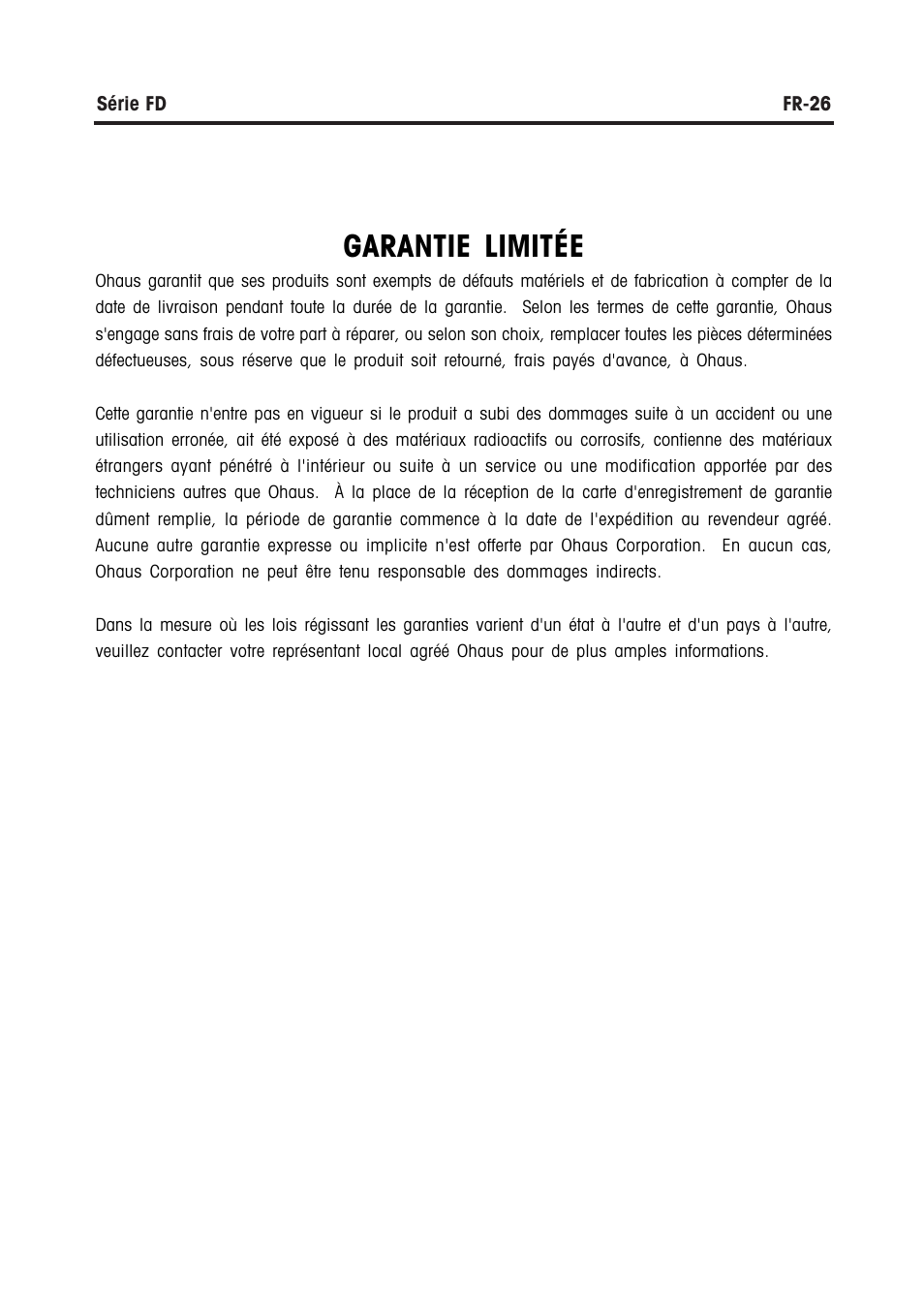 Garantie limitée | Ohaus FD Series STAINLESS STEEL COMPACT SCALES Manual multi User Manual | Page 84 / 88