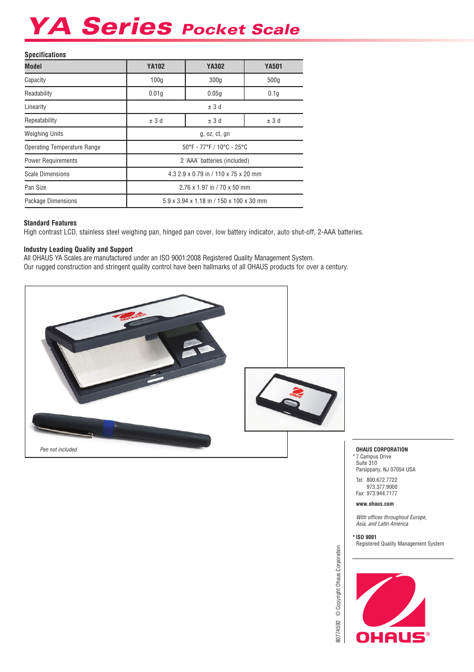 Ya series, Pocket scale | Ohaus YA GOLD HAND HELD JEWELRY SCALES Data Sheet User Manual | Page 2 / 2