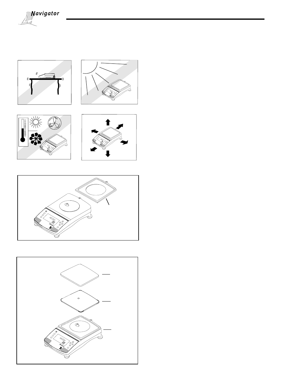 Selecting the location, Installing wind shield, Installing subplatform and pan | 2 selecting the location | Ohaus NBF1A2 Navigator Balances User Manual | Page 67 / 107