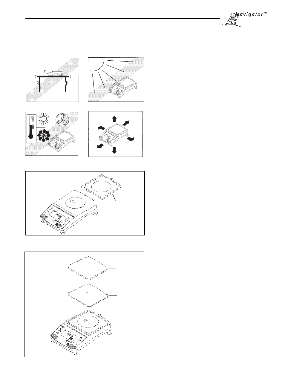 2 selecting the location, 3 installing wind shield, 4 installing subplatform and pan | Ohaus NBF1A2 Navigator Balances User Manual | Page 9 / 107