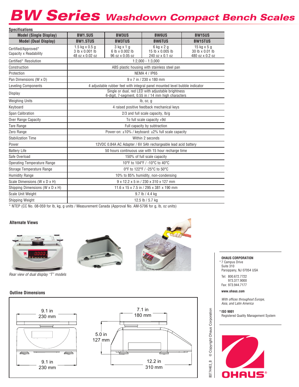 Bw series, Washdown compact bench scales | Ohaus BW WASHDOWN SCALES Data Sheet User Manual | Page 2 / 2