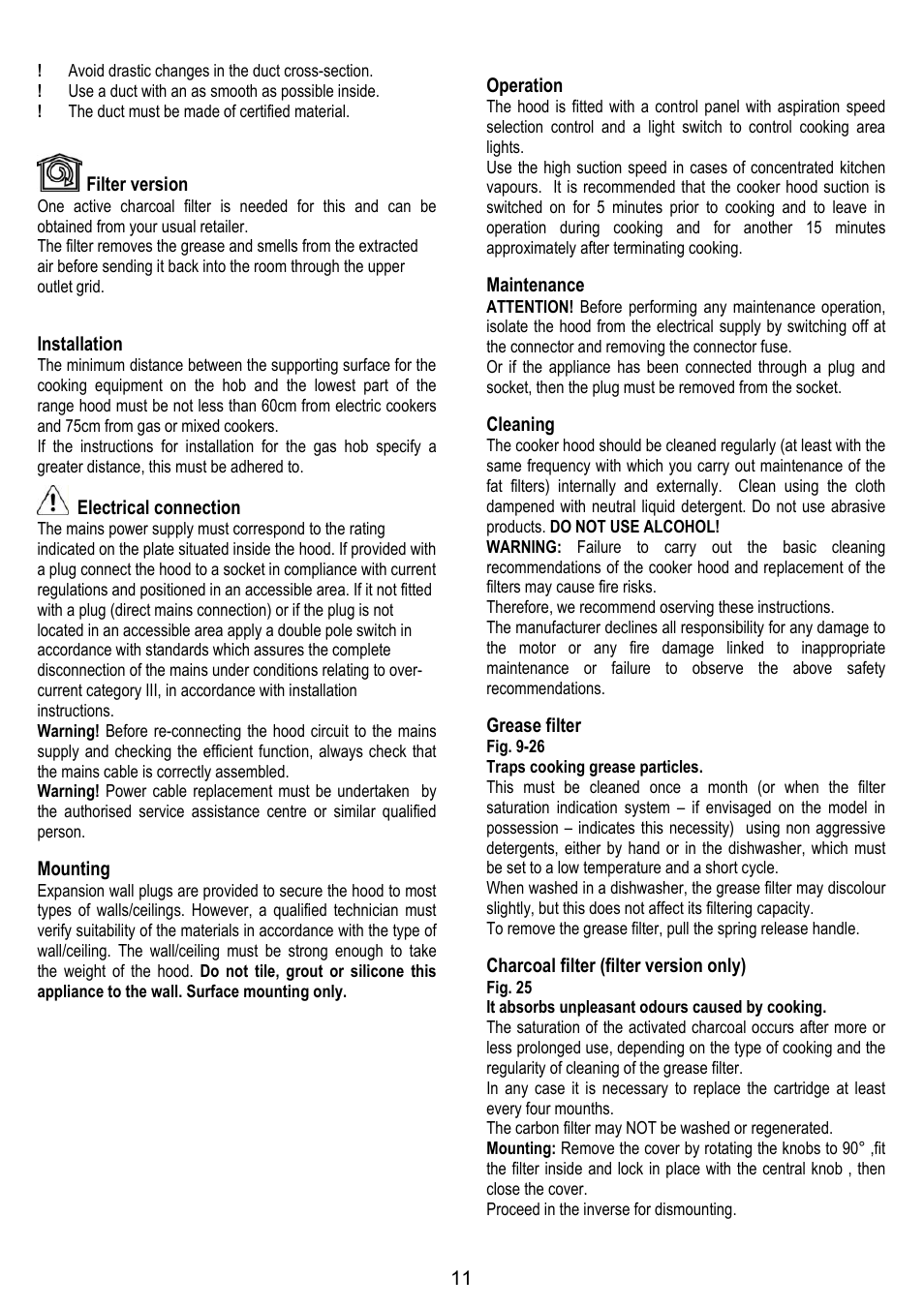 Filter version, Installation, Electrical connection | Mounting, Operation, Maintenance, Cleaning, Grease filter, Charcoal filter (filter version only) | IGNIS AKS 650 WH User Manual | Page 11 / 56