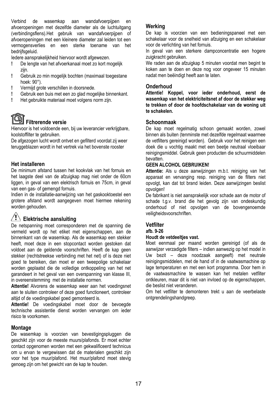 Filtrerende versie, Het installeren, Elektrische aansluiting | Montage, Werking, Onderhoud, Schoonmaak, Vetfilter | IGNIS AKS 650 WH User Manual | Page 17 / 56