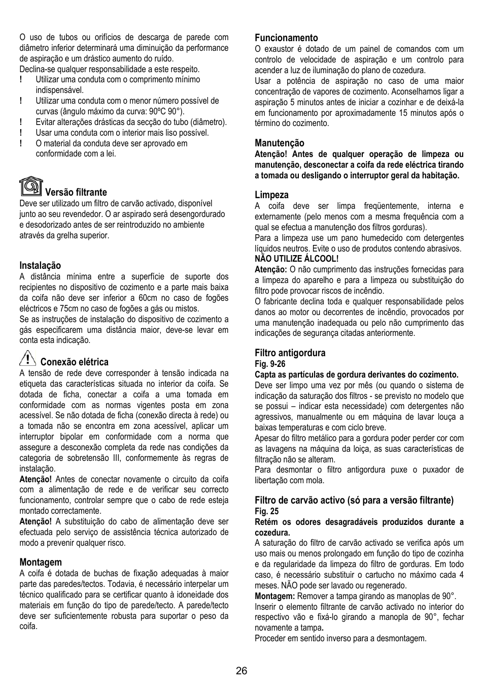 Versão filtrante, Instalação, Conexão elétrica | Montagem, Funcionamento, Manutenção, Limpeza, Filtro antigordura | IGNIS AKS 650 WH User Manual | Page 26 / 56
