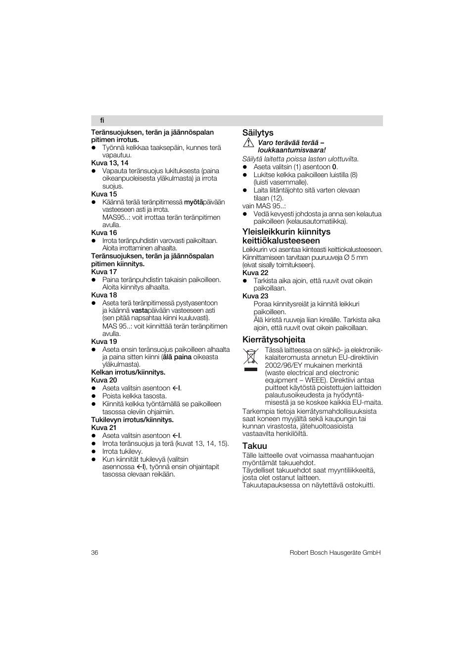 Terânsuojuksen, terân ja jâânnospalan, Sàilytys, Yleisleikkurin kiinnitys keittiokalusteeseen | Kierràtysohjeita, Takuu | Bosch MAS 95 W 1 User Manual | Page 36 / 83