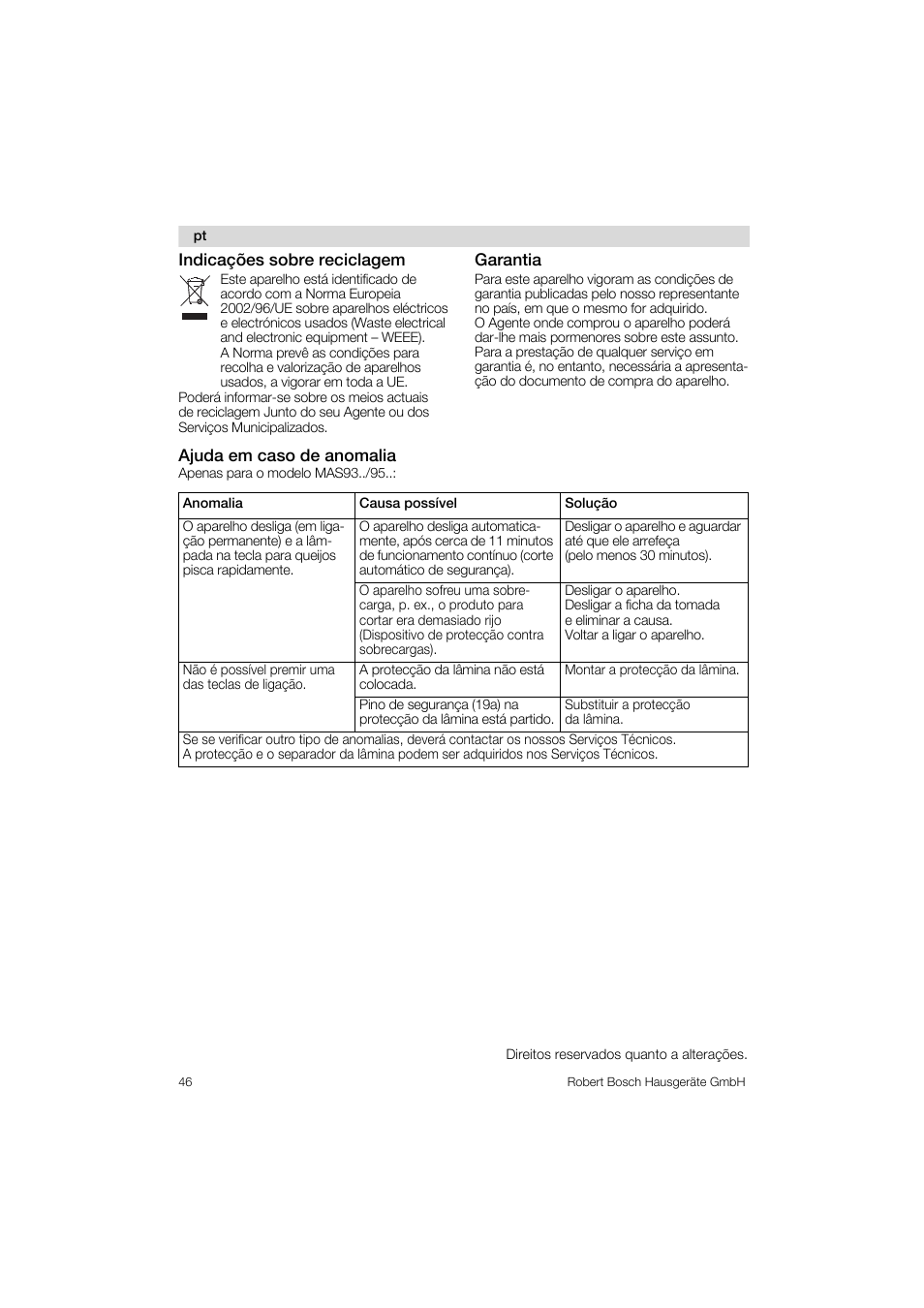 Indicagoes sobre reciclagem, Ajuda em caso de anomalia, Garantía | Bosch MAS 95 W 1 User Manual | Page 46 / 83