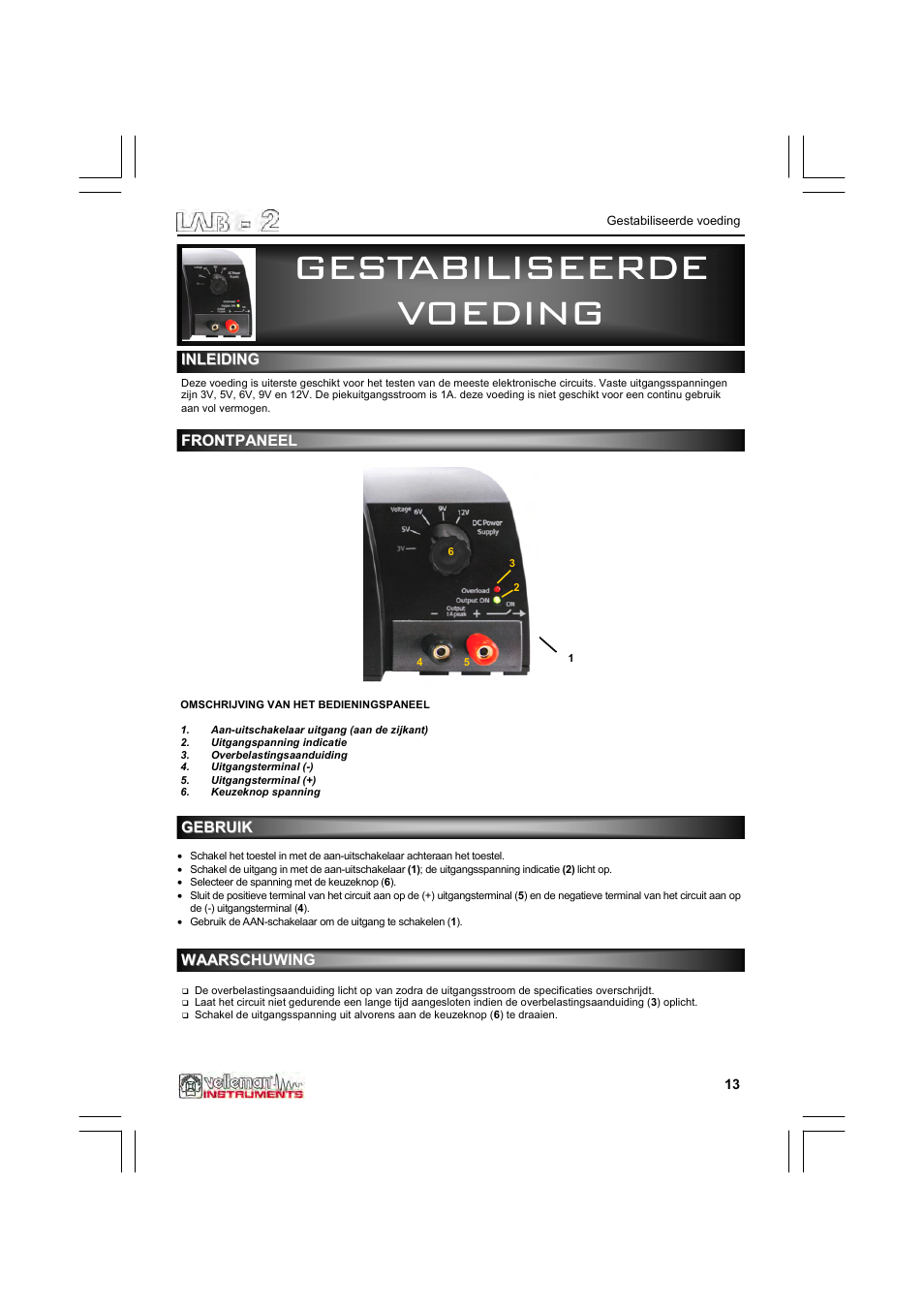 Gestabiliseerde, Gestabiliseerde voeding voeding voeding | Velleman LAB2 User Manual | Page 13 / 32
