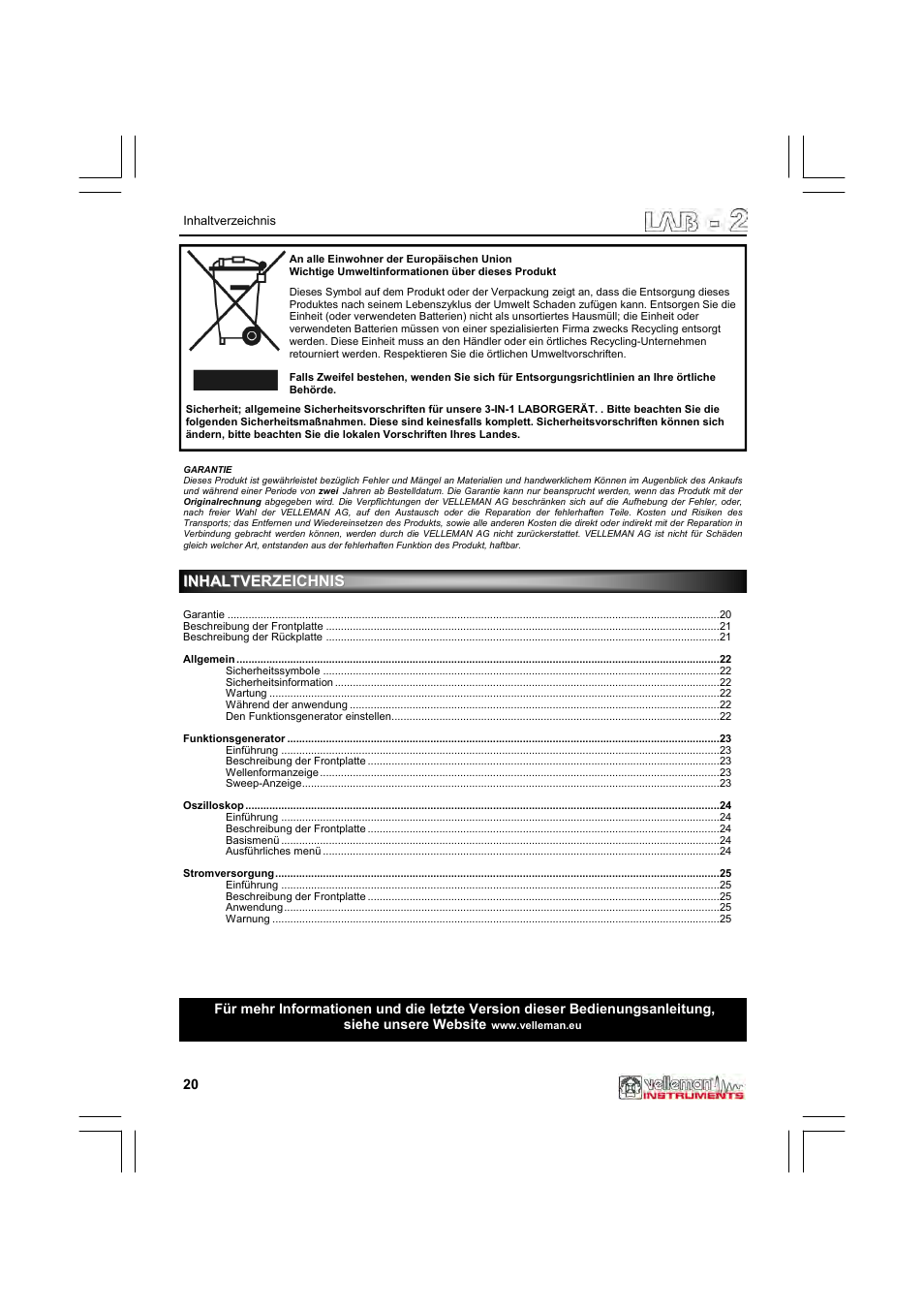 Inhaltverzeichnis | Velleman LAB2 User Manual | Page 20 / 32
