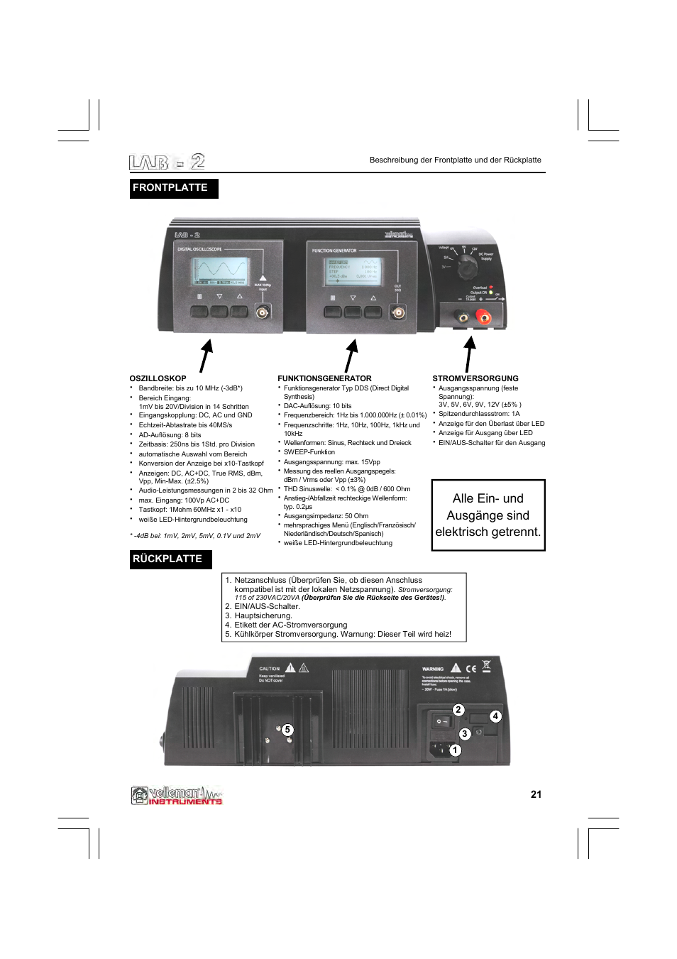 Alle ein- und ausgänge sind elektrisch getrennt | Velleman LAB2 User Manual | Page 21 / 32