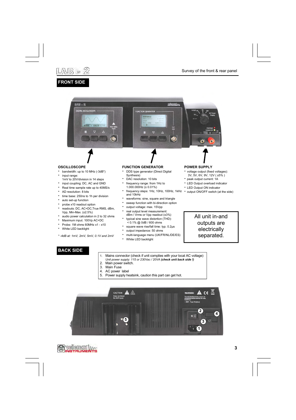 All unit in-and outputs are electrically separated | Velleman LAB2 User Manual | Page 3 / 32