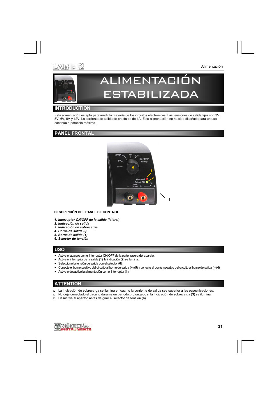 Alimentación | Velleman LAB2 User Manual | Page 31 / 32