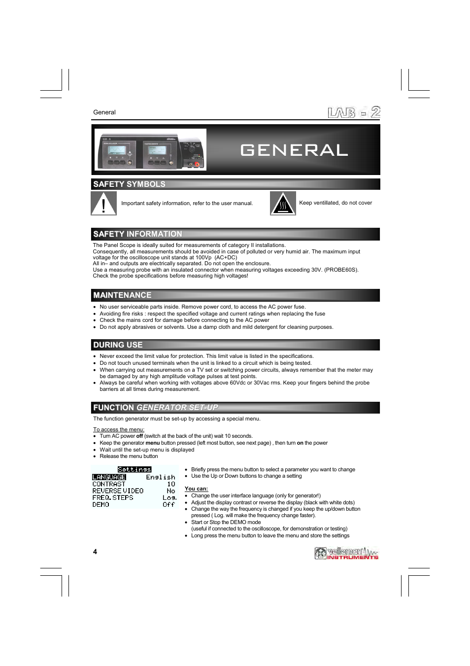 General | Velleman LAB2 User Manual | Page 4 / 32