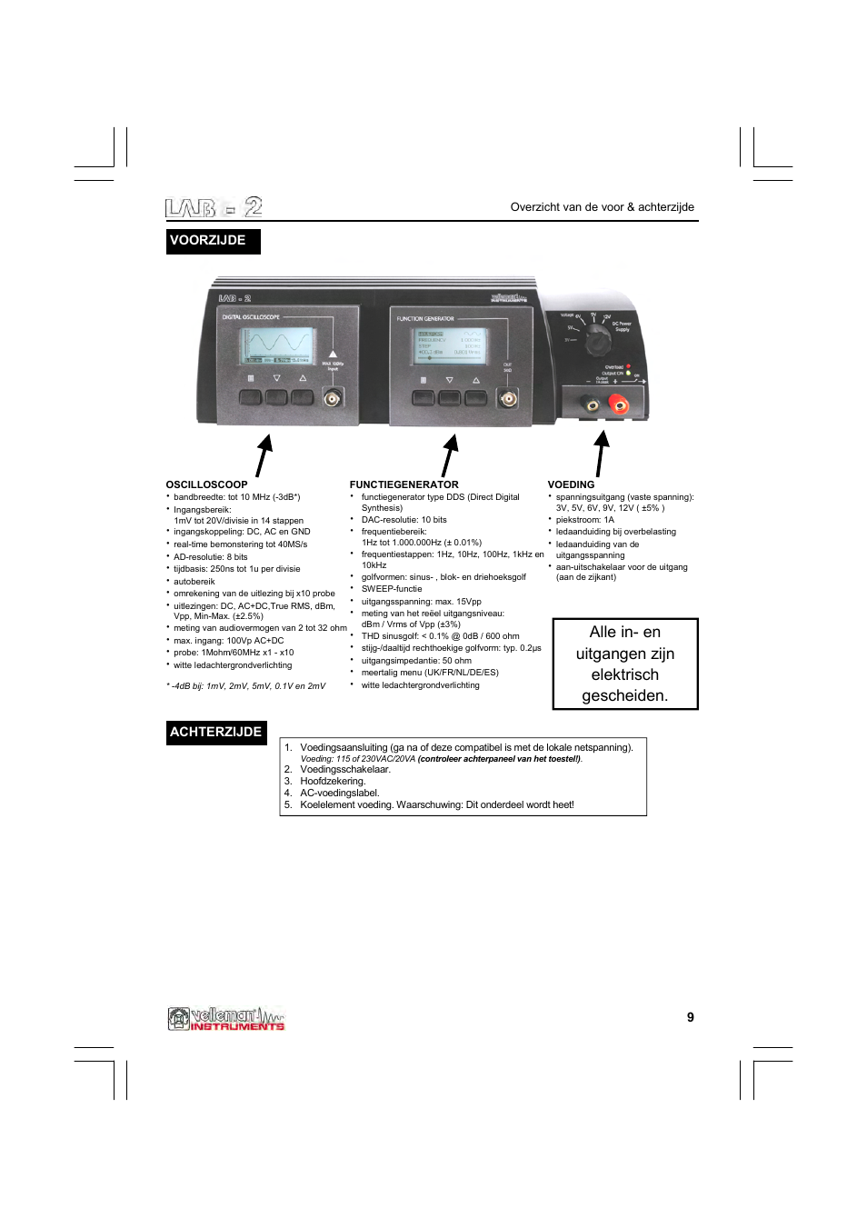 Alle in- en uitgangen zijn elektrisch gescheiden | Velleman LAB2 User Manual | Page 9 / 32
