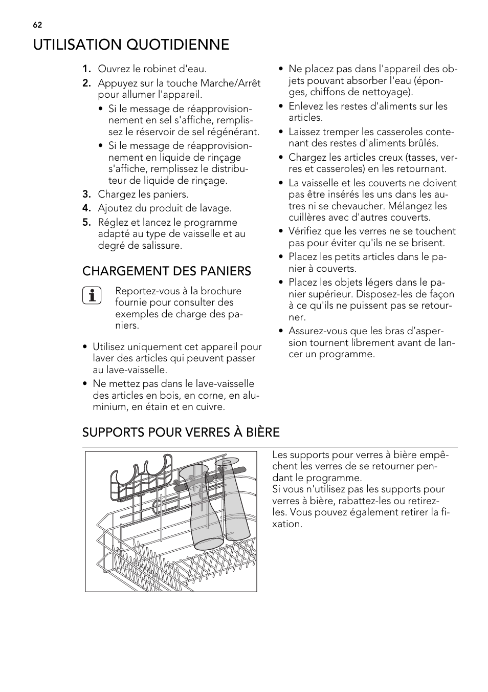 Utilisation quotidienne, Chargement des paniers, Supports pour verres à bière | AEG F 99015 VI 1 P User Manual | Page 62 / 96