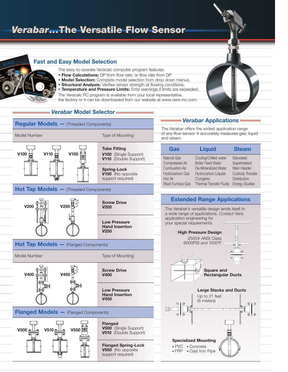 Regular models, Hot tap models, Flanged models | Verabar model selector verabar applications, Gas liquid steam | Veris Verabar Brochure User Manual | Page 4 / 6