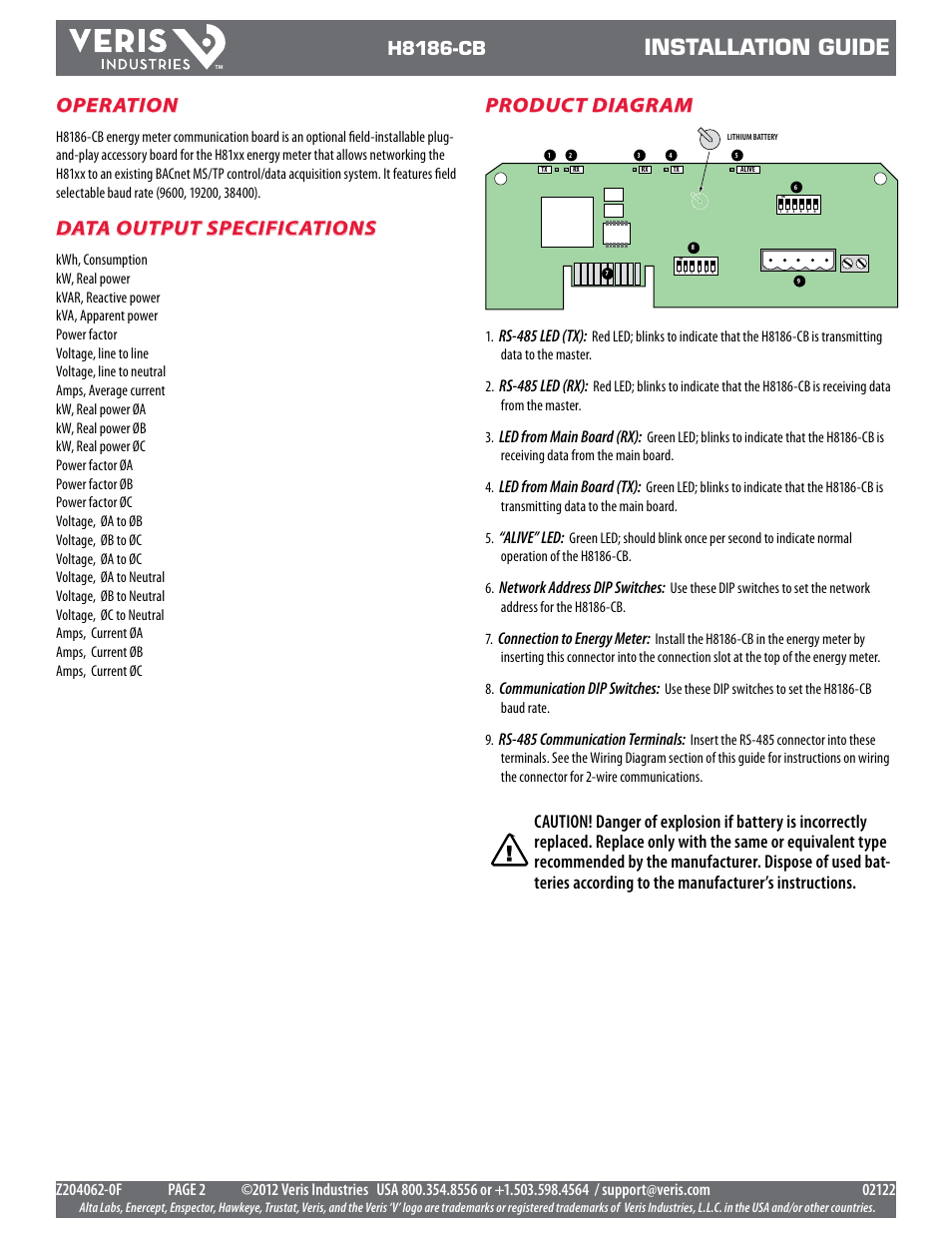 Installation guide, Operation, Product diagram | Data output specifications, H8186-cb, Rs-485 led (tx), Rs-485 led (rx), Led from main board (rx), Led from main board (tx), Alive” led | Veris Industries H8186-CB Install User Manual | Page 2 / 8