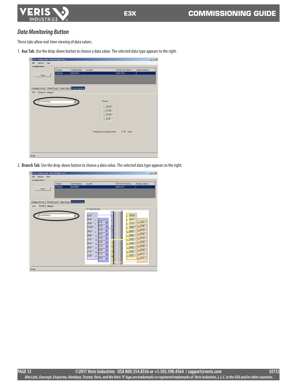 Commissioning guide, Data monitoring button | Veris Industries E3X Commissioning Guide User Manual | Page 13 / 18