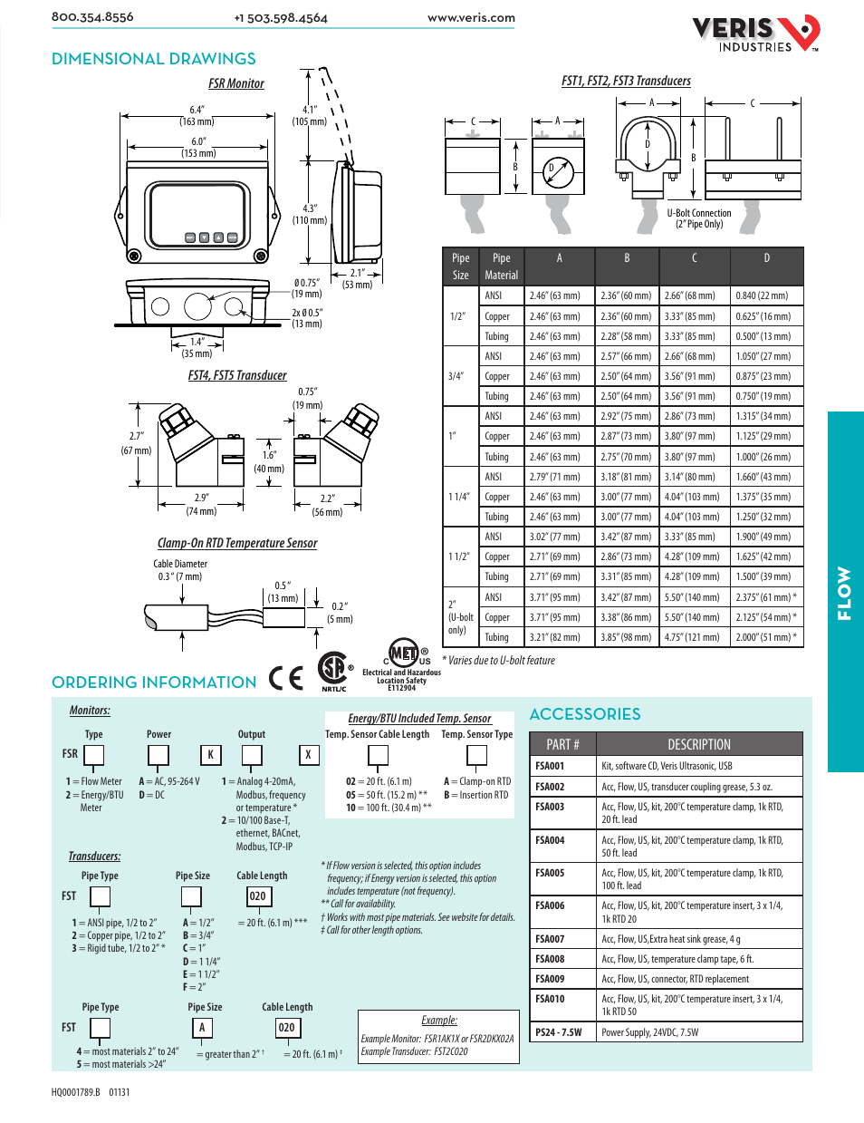 Fl ow, Dimensional drawings ordering information, Accessories | Part # description | Veris Industries FSR SERIES Datasheet User Manual | Page 2 / 2