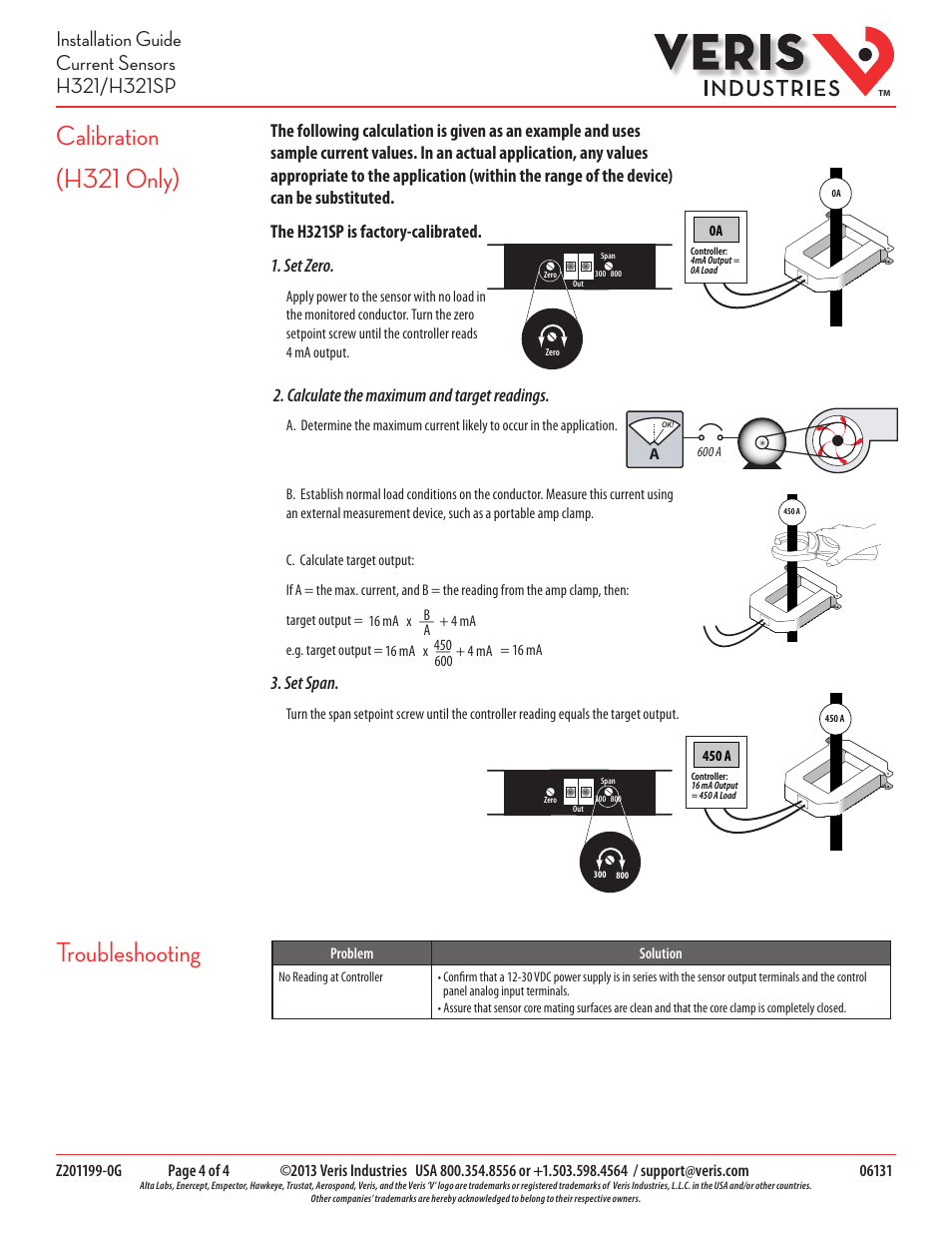 Calibration (h321 only) troubleshooting, Calculate the maximum and target readings, Set span | Veris Industries H321 Install User Manual | Page 4 / 4