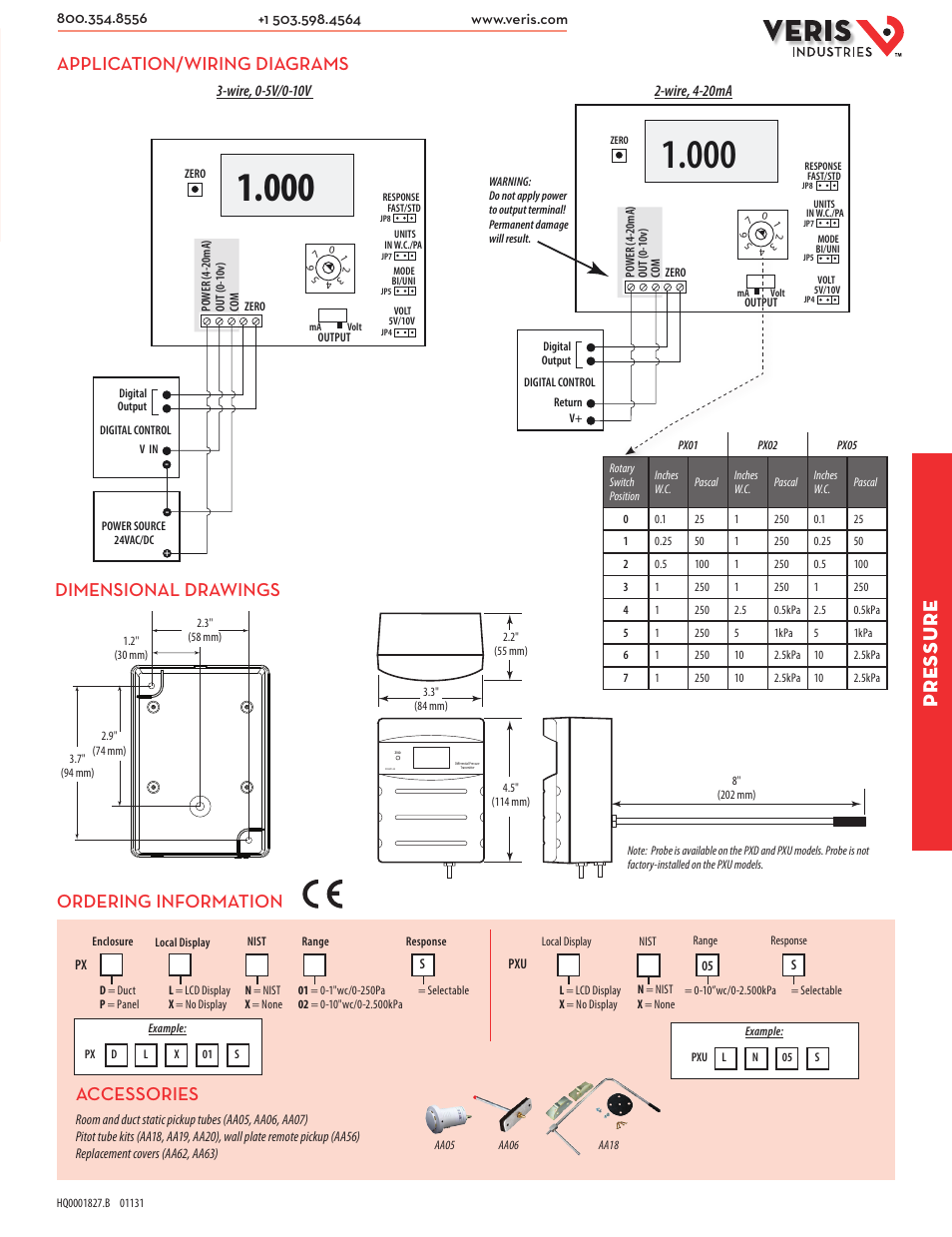 Pressure, Application/wiring diagrams, Dimensional drawings | Accessories, Ordering information | Veris Industries PX SERIES Datasheet User Manual | Page 2 / 2