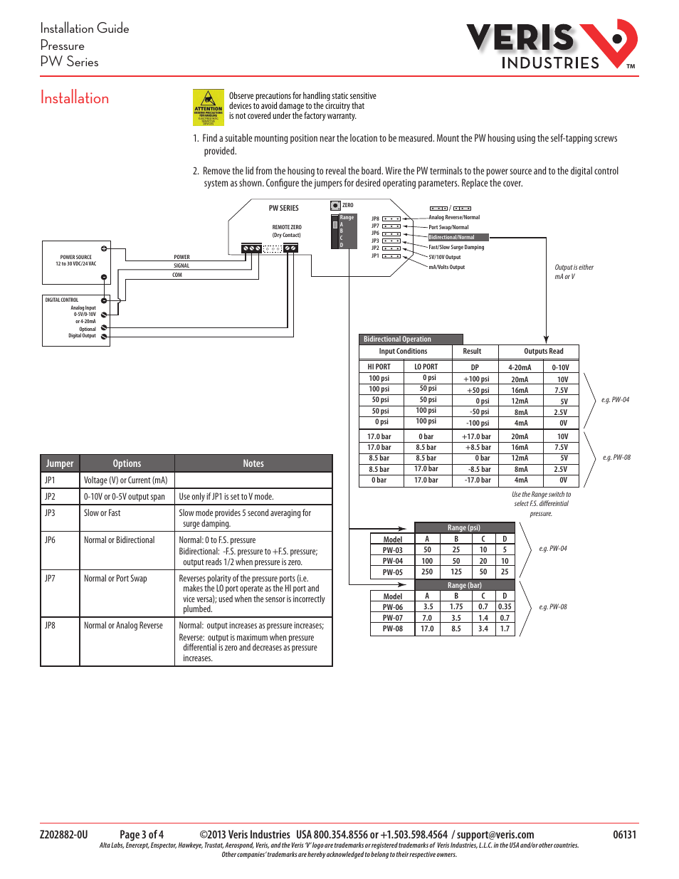 Installation, Installation guide pressure pw series | Veris Industries PW SERIES Install User Manual | Page 3 / 4