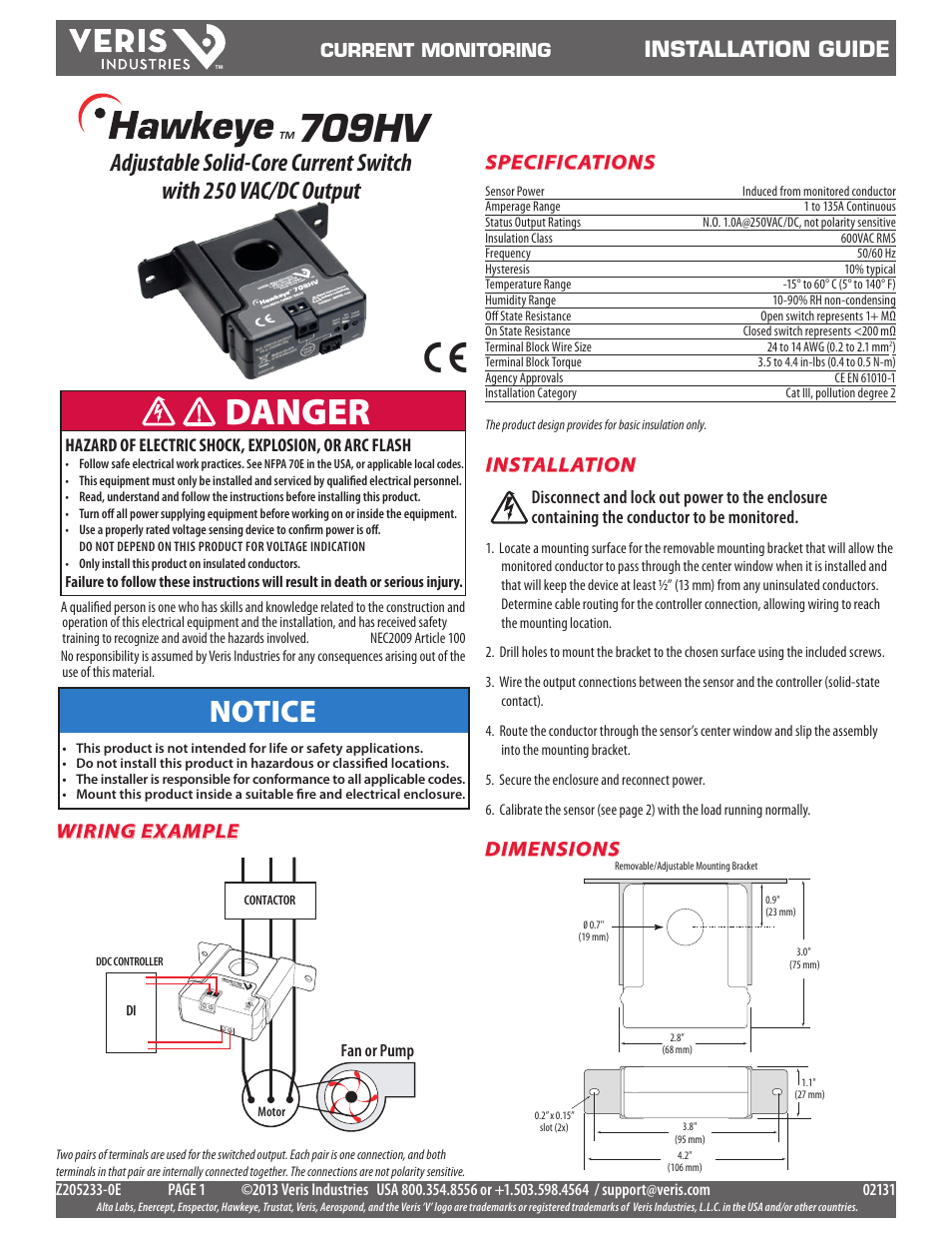 Veris Industries H709HV Install User Manual | 2 pages