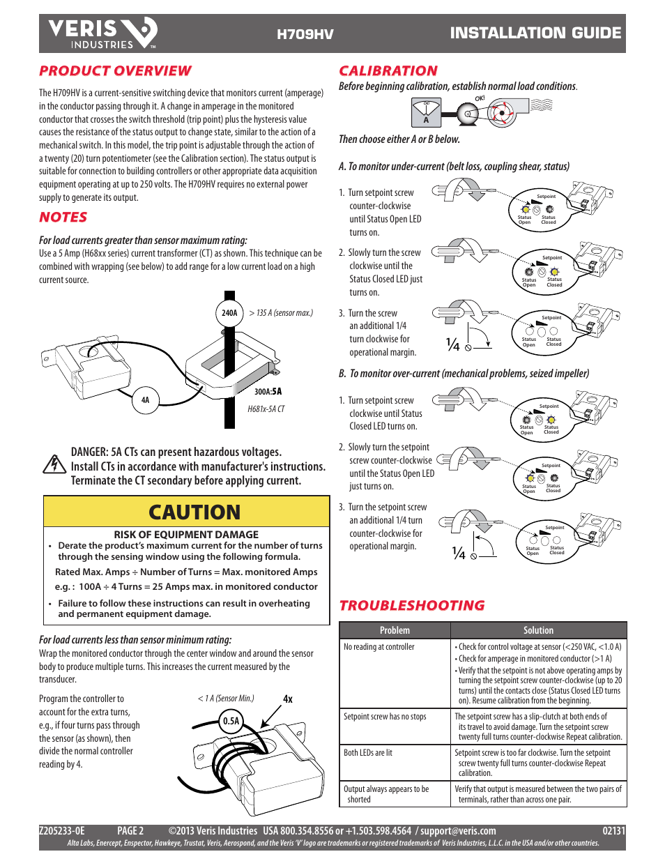 Caution, Installation guide, Product overview | Troubleshooting, Calibration, H709hv, For load currents less than sensor minimum rating | Veris Industries H709HV Install User Manual | Page 2 / 2