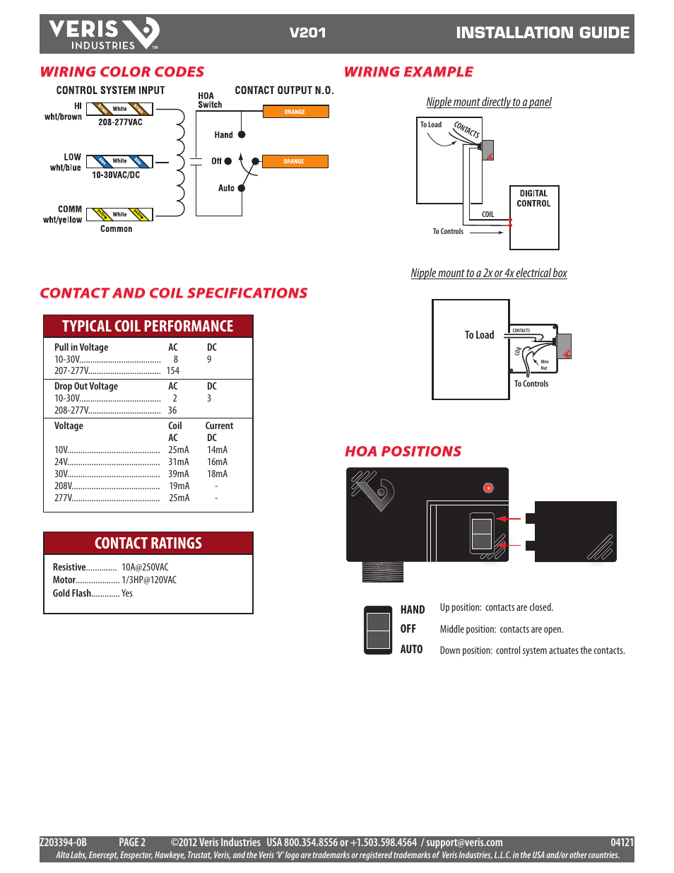 Typical coil performance contact ratings, Installation guide, Hoa positions wiring example | Wiring color codes contact and coil specifications | Veris Industries V201 Install User Manual | Page 2 / 2