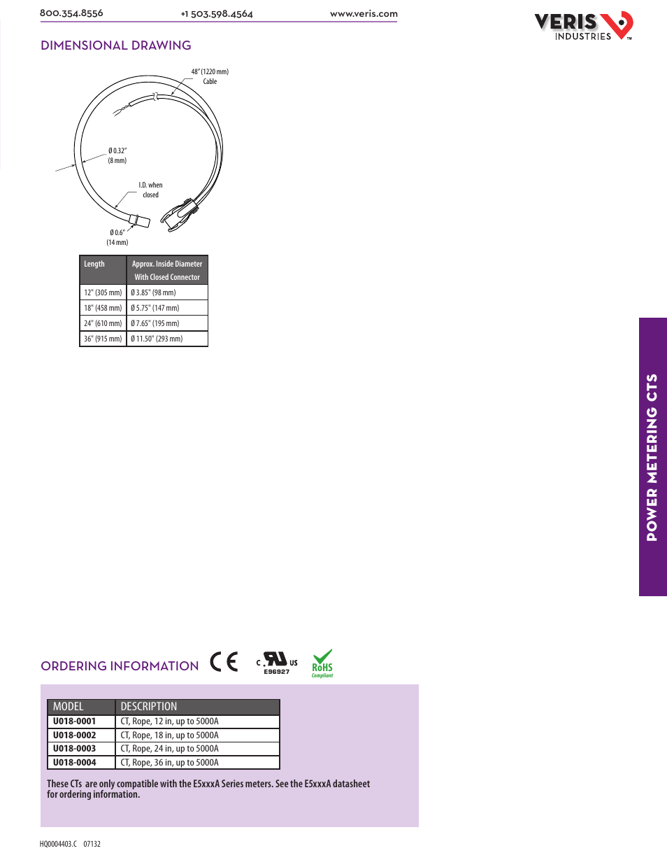 Po wer metering ct s, Dimensional drawing ordering information | Veris Industries U018 SERIES Datasheet User Manual | Page 2 / 2