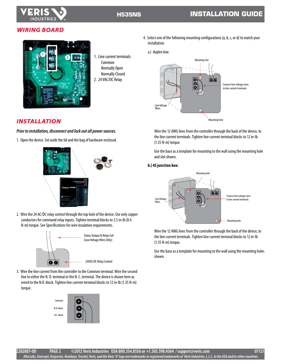 Installation guide, Installation, Wiring board | H535ns | Veris Industries H535NS Install User Manual | Page 2 / 3