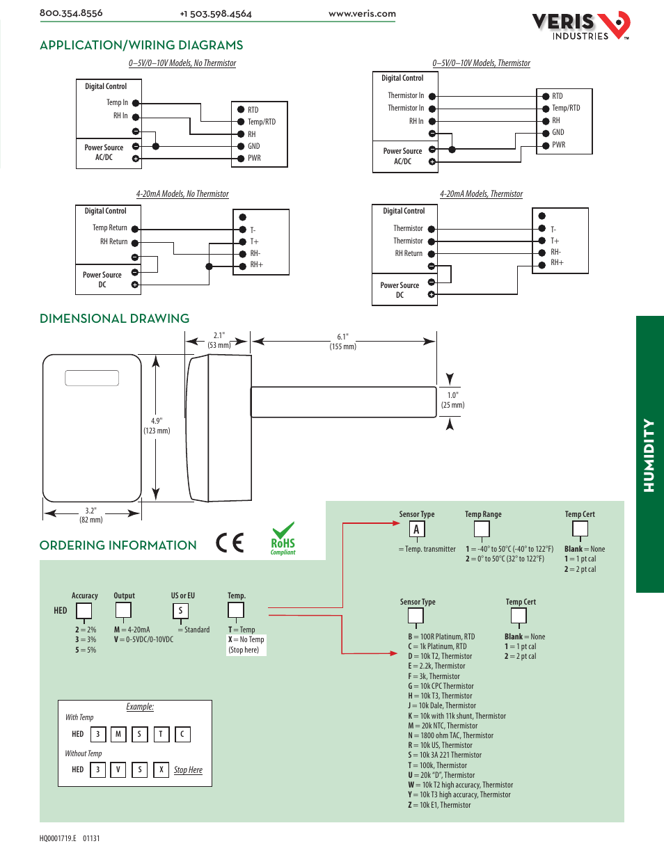 Hu midit y, Application/wiring diagrams, Dimensional drawing | Ordering information, Rohs | Veris Industries HED SERIES Datasheet User Manual | Page 2 / 2