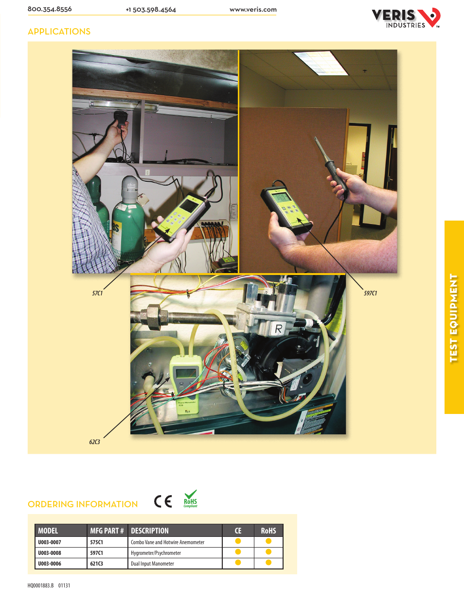 Tes t e quip ment, Applications, Ordering information | Veris Industries 621C3 SERIES Datasheet User Manual | Page 2 / 2