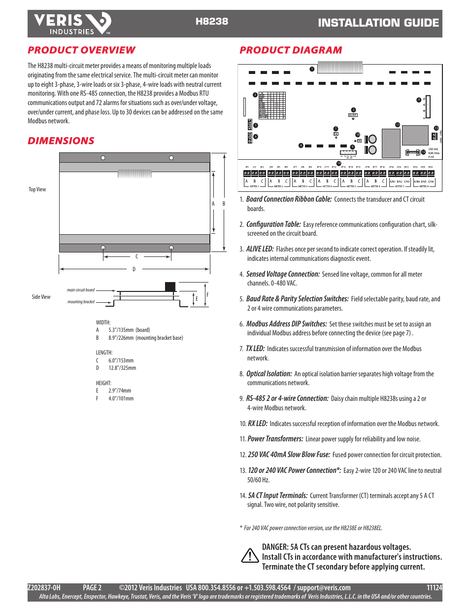 Installation guide, Product diagram, Dimensions | Product overview, H8238 | Veris Industries H8238 Install User Manual | Page 2 / 7