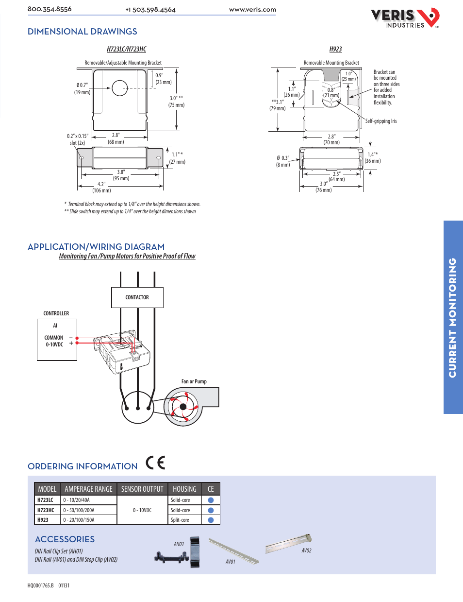 Current monit oring, Dimensional drawings application/wiring diagram, Ordering information | Accessories, Model amperage range sensor output housing ce | Veris Industries H923 SERIES Datasheet User Manual | Page 2 / 2