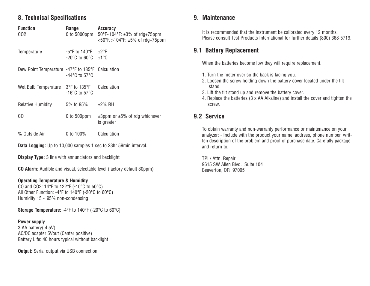 Maintenance, 1 battery replacement, 2 service | Technical specifications | Veris Industries 1010 Manual User Manual | Page 9 / 11
