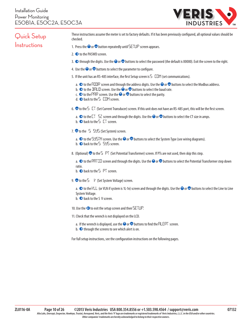 Quick setup instructions | Veris Industries E50C3A Install User Manual | Page 10 / 26