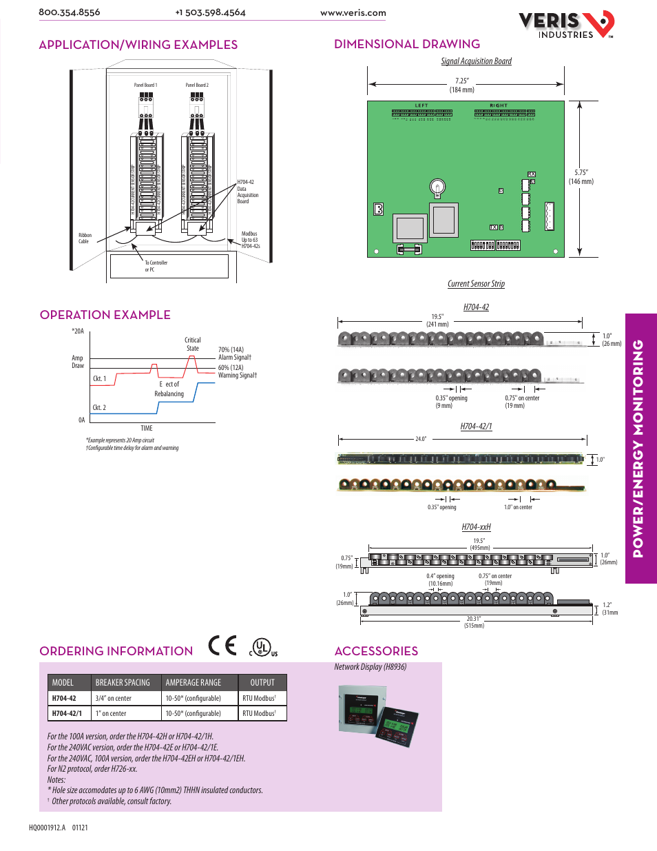 Po wer/ener g y monit oring, Ordering information, Operation example | Network display (h8936), Model breaker spacing amperage range output, Other protocols available, consult factory | Veris Industries H704 SERIES Datasheet User Manual | Page 2 / 2