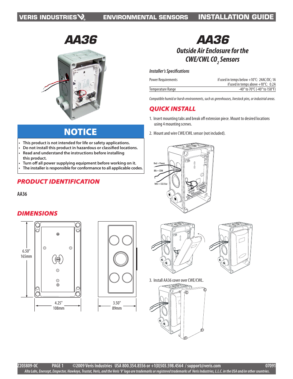 Veris Industries AA36 Install User Manual | 1 page