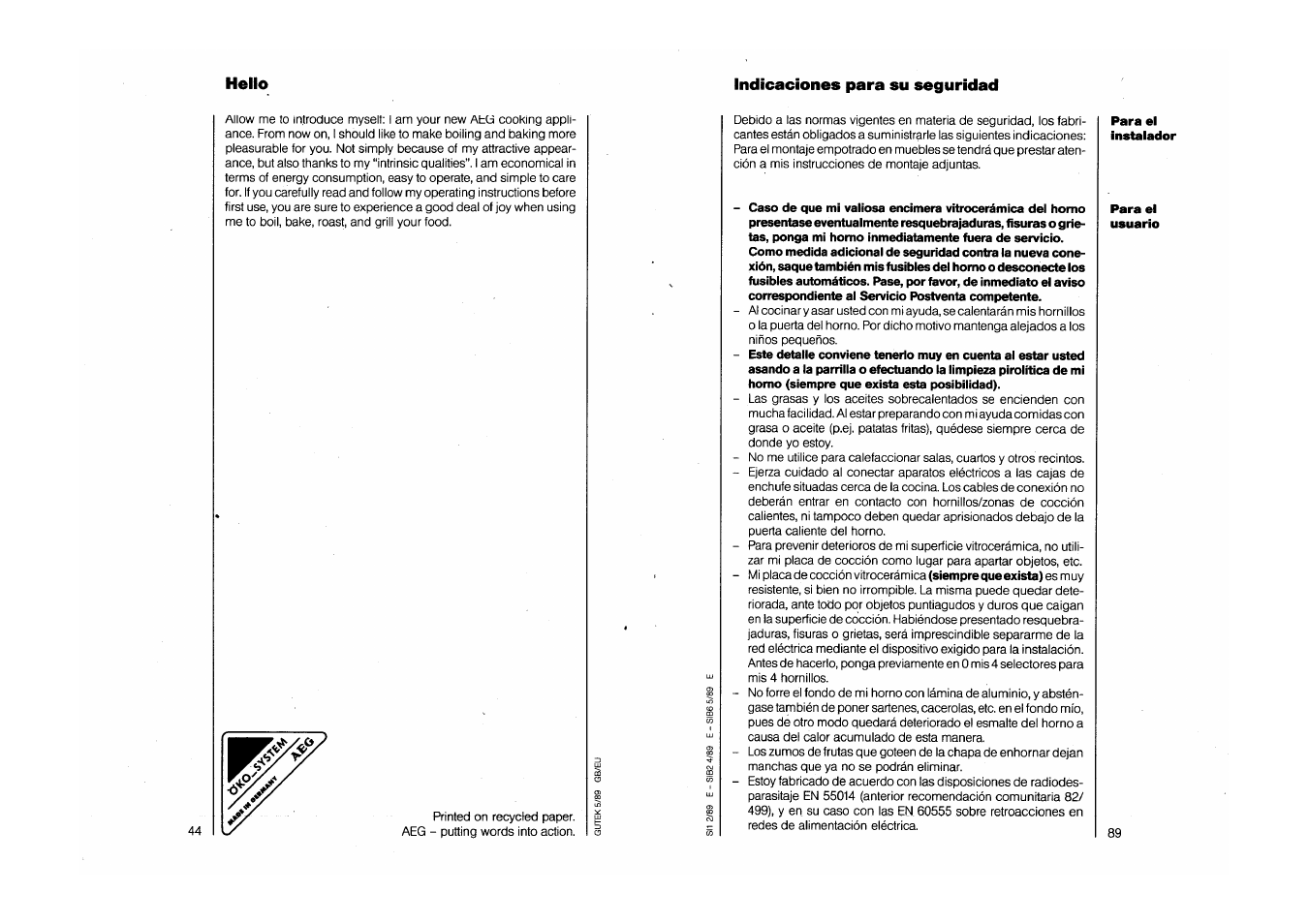 Hello indicaciones para su seguridad | AEG COMPETENCE 750 E CH User Manual | Page 44 / 45