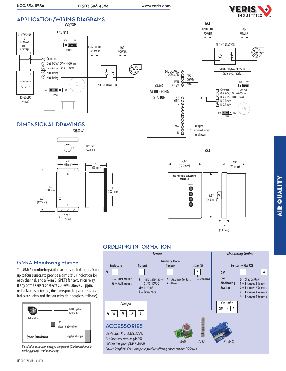 Air qu alit y, Gmxa monitoring station, Application/wiring diagrams | Dimensional drawings, Accessories, Ordering information | Veris Industries G SERIES Datasheet User Manual | Page 2 / 2