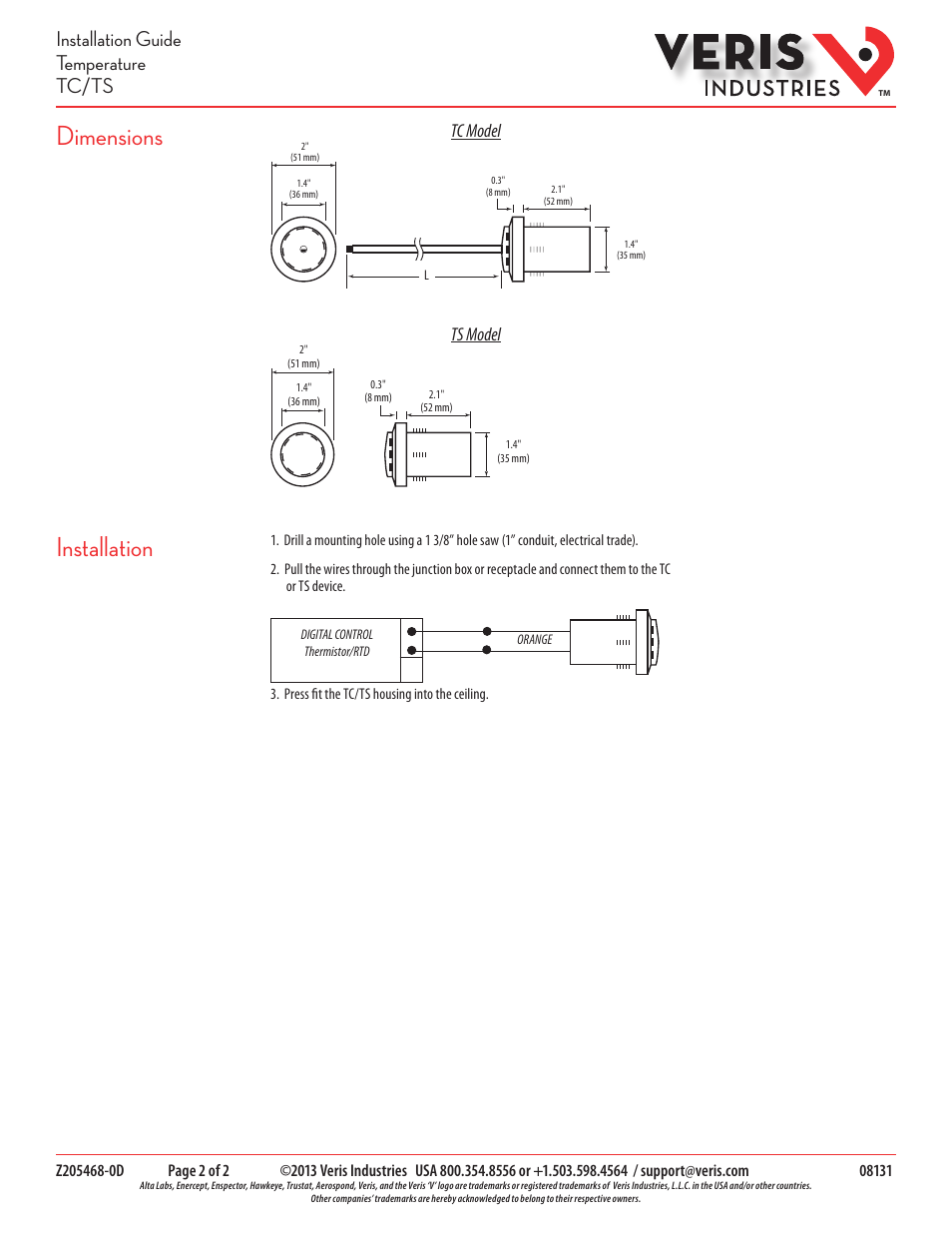 Dimensions installation, Installation guide temperature tc/ts, Tc model | Ts model | Veris Industries TC SERIES Install User Manual | Page 2 / 2