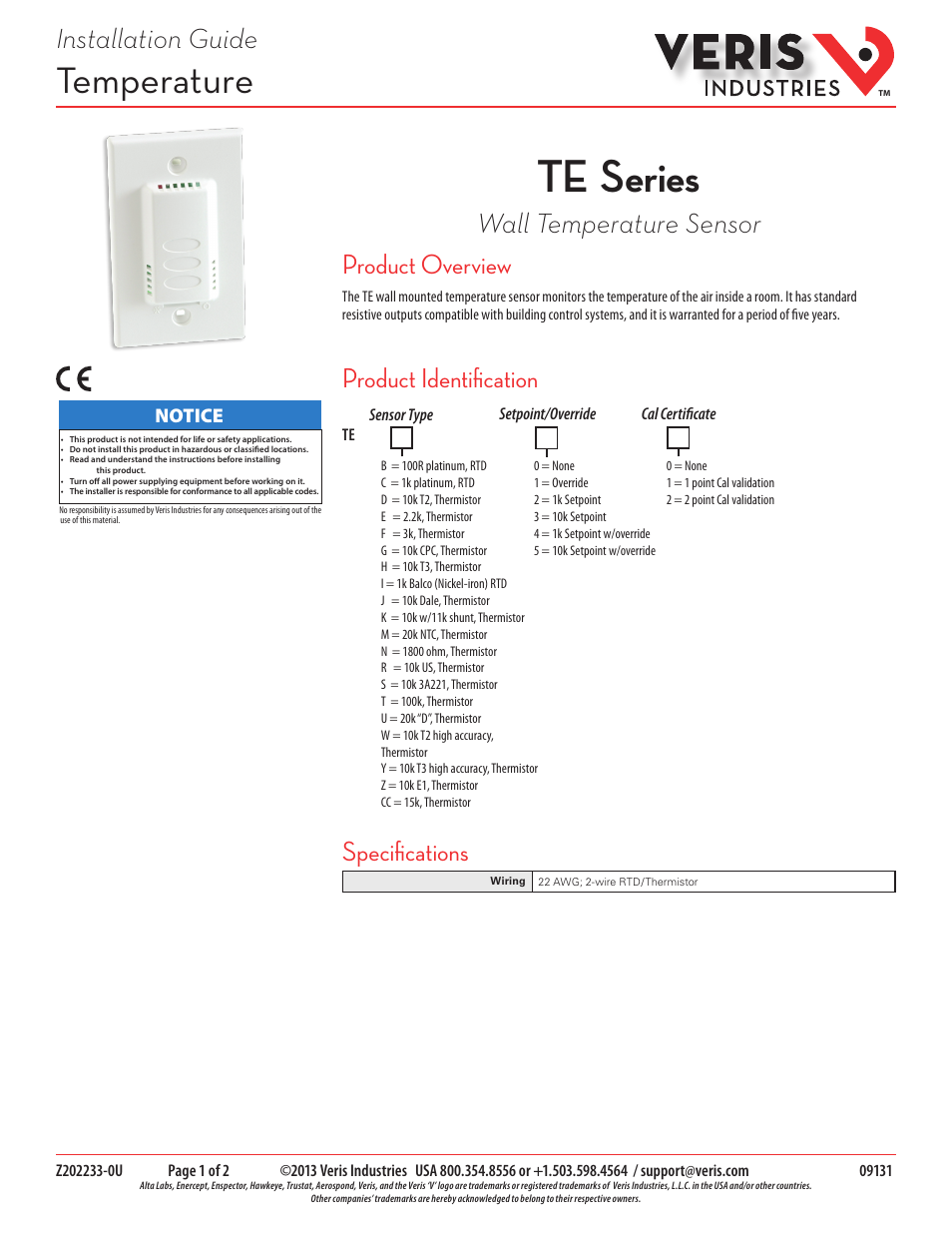 Veris Industries TE SERIES Install User Manual | 2 pages