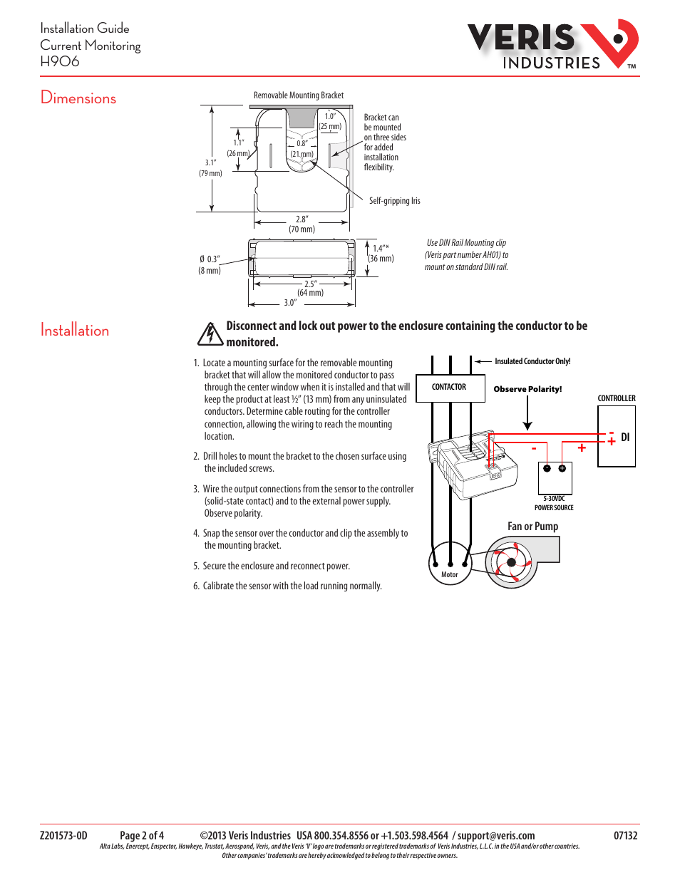 Installation dimensions, Installation guide current monitoring h906 | Veris Industries H906 Install User Manual | Page 2 / 4